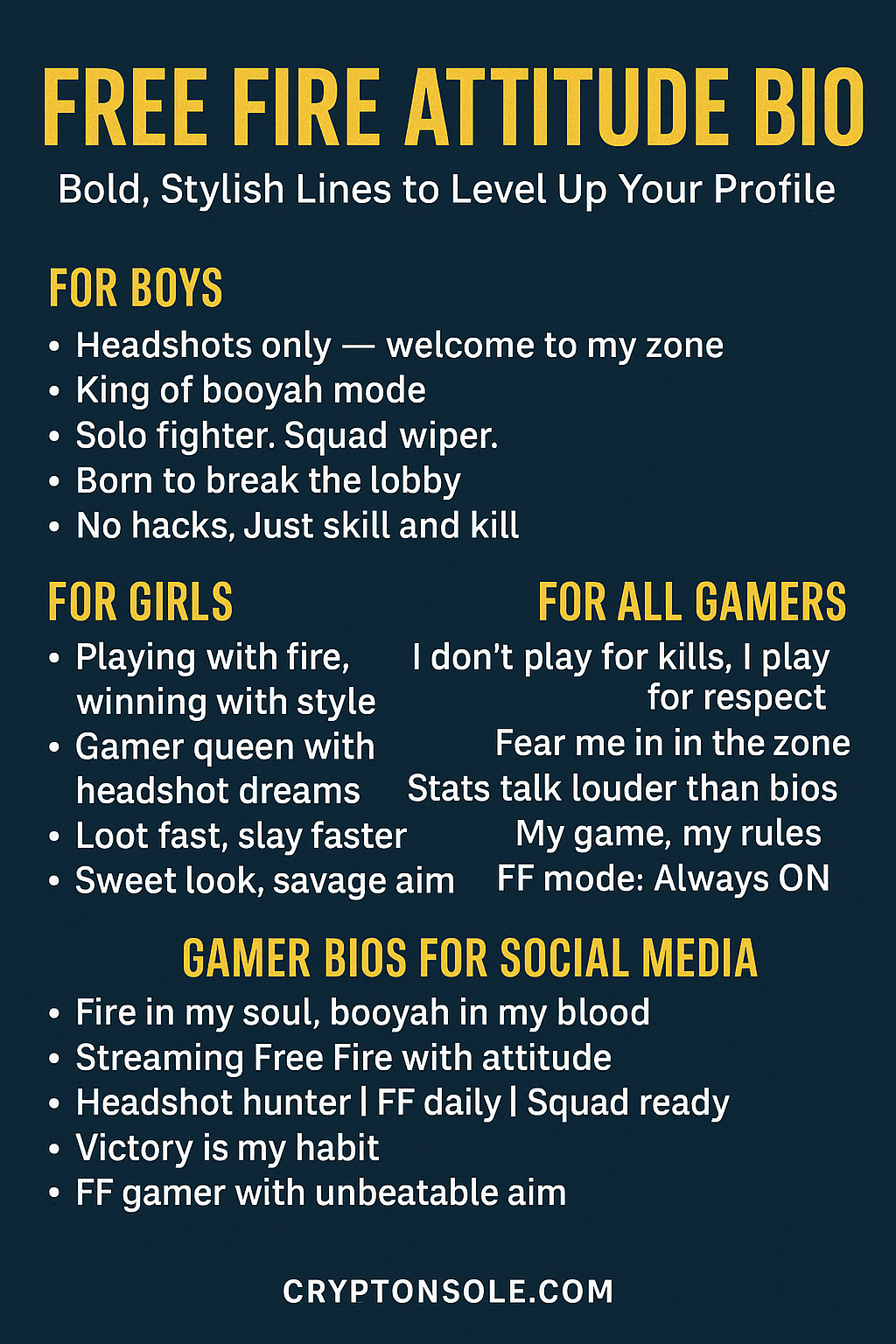 Boost your Free Fire attitude bio with bold, unique lines that make you stand out. Expert keyword-rich bios for stylish profile flair.