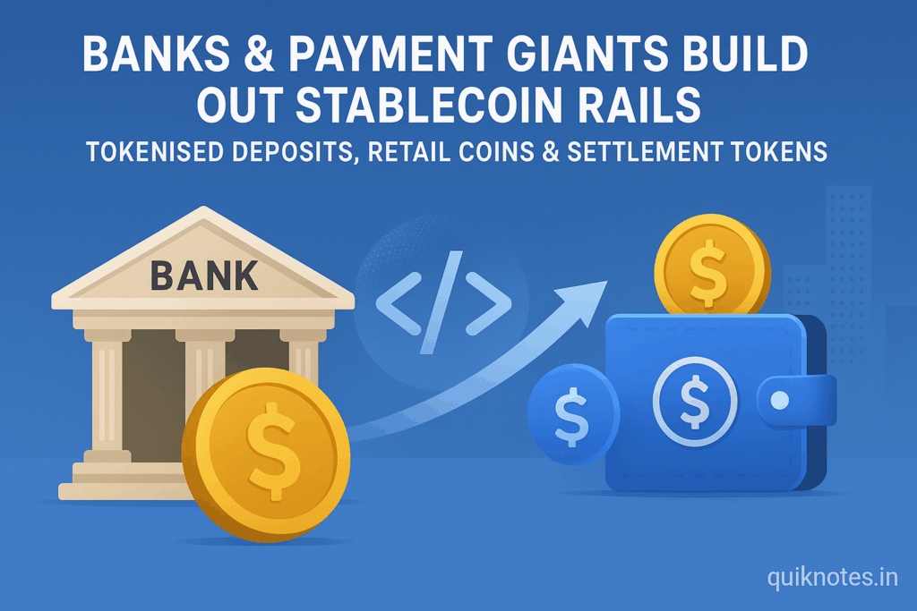 Banks & Payment Giants Build Out Stablecoin Rails — Tokenised Deposits, Retail Coins & Settlement Tokens Gain Traction