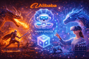 Image Apr 16 2026 at 12_05_03 PM 1 – QuikNotes Alibaba promotional banner featuring a smiling robot in a pearl shell at center, flanked by a fiery dragon on the left and a icy dragon on the right, with the Alibaba logo overhead and a glowing cube below labeled 'HAPPY OYSTER'.