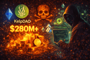 Hooded hacker typing on a laptop amid a fiery scene of gold bars and crypto coins, with KelpDAO and $280M+ text and a skull icon in the background.