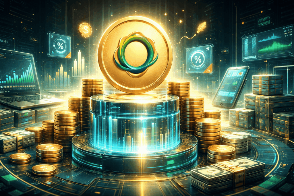 Central gold cryptocurrency coin on a glowing platform, surrounded by stacked coins and holographic financial screens.