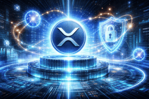 XRP coin hovering above a glowing digital platform, symbolizing crypto security and blockchain protection.