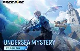 Promotional banner for Free Fire's Undersea Mystery event showing two characters fighting underwater with a submerged city backdrop and the slogan 'Undersea Mystery'.