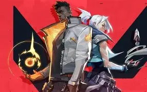 Two stylized characters back-to-back in futuristic outfits against a red background, wielding weapons in a dynamic pose.