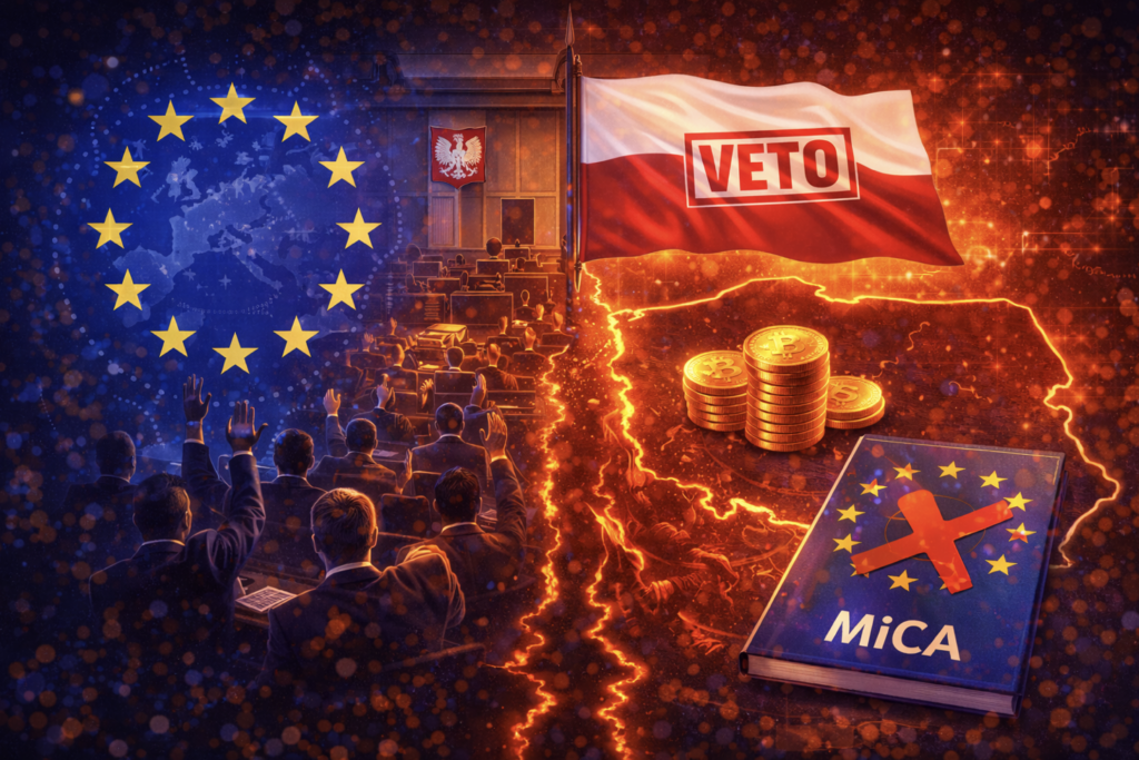 Audience in a EU-themed conference raising hands, with a Polish VETO flag and a glowing map of Europe on fire; crypto coins nearby and a MiCa policy book with a red cross, symbolizing regulatory veto and crypto regulation long text
