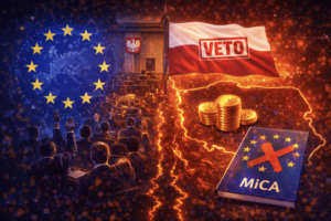 Audience in a EU-themed conference raising hands, with a Polish VETO flag and a glowing map of Europe on fire; crypto coins nearby and a MiCa policy book with a red cross, symbolizing regulatory veto and crypto regulation long text