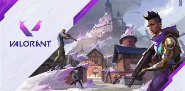 Valorant promotional banner featuring agents in a snowy town with a distant castle and purple diagonal branding, including the Valorant logo on the left.