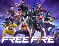 Promotional banner for Free Fire with diverse characters posing in action against a purple background and the Free Fire logo.