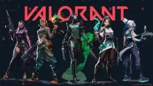 Valorant agents lineup banner showing six playable characters in dynamic poses against a dark backdrop with the Valorant logo above them.