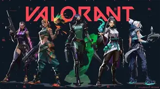 Valorant agents lineup banner showing six playable characters in dynamic poses against a dark backdrop with the Valorant logo above them.