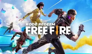 Promotional banner for Free Fire with action-packed characters jumping through a blue sky, showcasing text 'KODE REDEEM' and 'FREE FIRE'.
