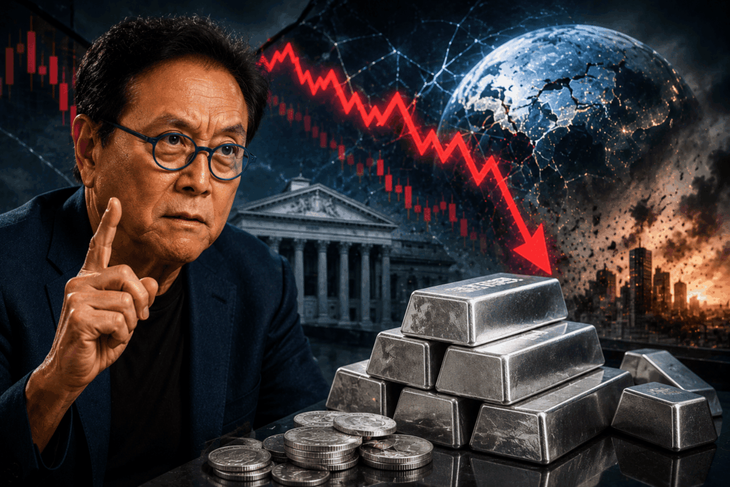 A man in glasses gestures with his finger beside silver bars and coins, with a red downward stock graph and globe in the background.