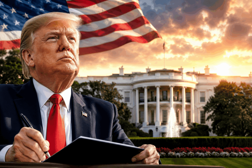 Man in a dark suit and red tie signs a document outdoors, with a waving American flag and the White House at sunset in the background.