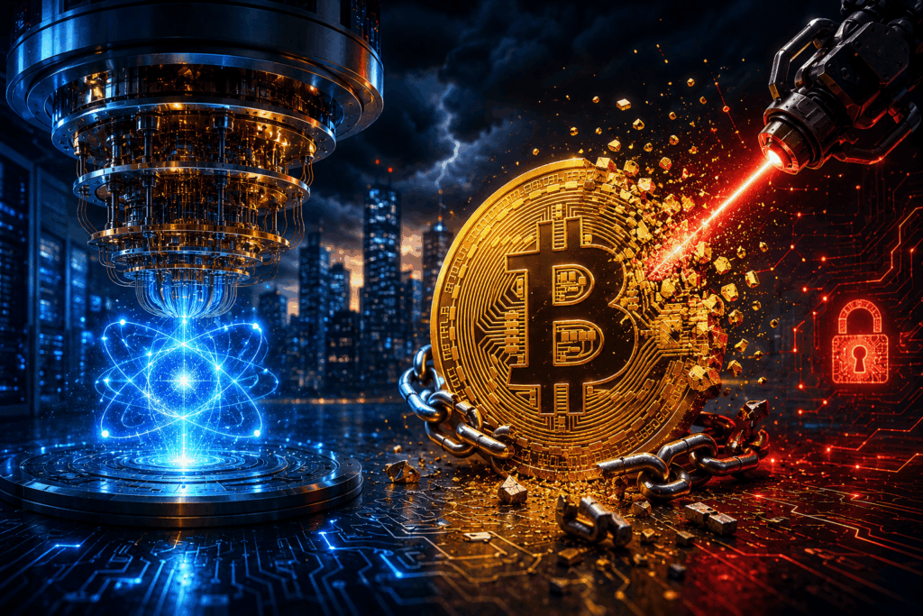 Golden Bitcoin chained on a sci‑fi circuit floor, struck by a red laser from a robotic arm in a neon cityscape.