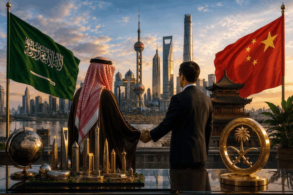 Two men—one in traditional Saudi attire and one in a suit—shake hands on a rooftop with flags of Saudi Arabia and China, skyline behind them and a city model on the table.