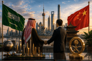 Two men—one in traditional Saudi attire and one in a suit—shake hands on a rooftop with flags of Saudi Arabia and China, skyline behind them and a city model on the table.