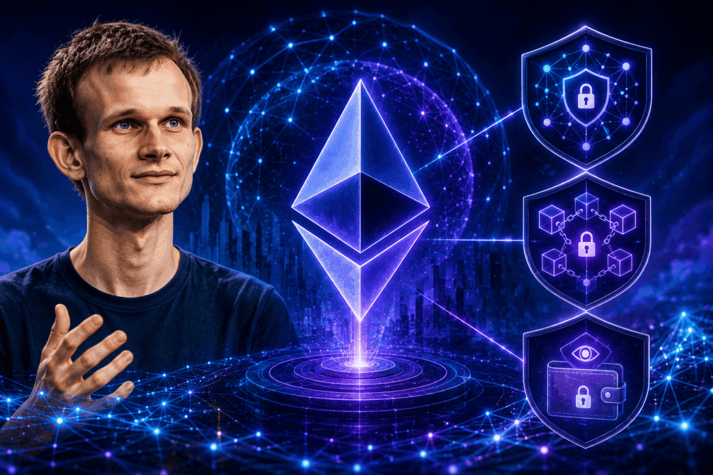 Young man gestures toward a glowing Ethereum logo surrounded by digital networks and three security shields, symbolizing blockchain security and crypto protection.