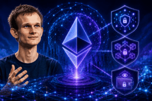 Image May 21 2026 at 11_47_26 AM-2 – QuikNotes Young man gestures toward a glowing Ethereum logo surrounded by digital networks and three security shields, symbolizing blockchain security and crypto protection.