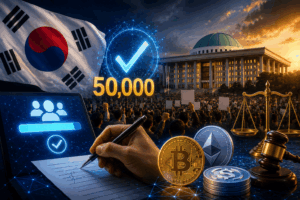 Image May 22 2026 at 02_32_43 PM-2 – QuikNotes Crowd protest outside a government building with a large 50,000s checkmark and cryptocurrency coins in the foreground, symbolizing finance and law intersecting with public action.