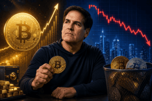 Man holds a gold Bitcoin coin; gold bars and a basket of coins sit nearby as a rising market chart glows in the background.