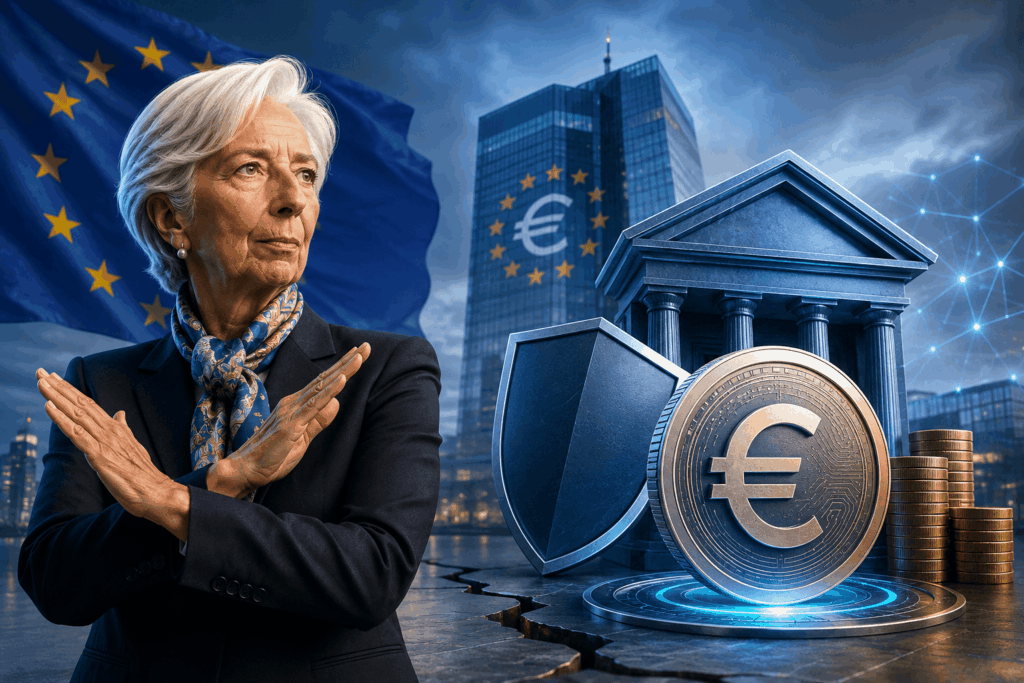 Senior businesswoman with arms crossed in front of EU flag, alongside a euro coin, shield, and bank building.