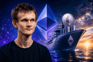 Image May 25 2026 at 02_54_13 PM-2 – QuikNotes Young man in a dark shirt stands beside a large Ethereum symbol and a luxury yacht with stacks of coins at sunset by the ocean.