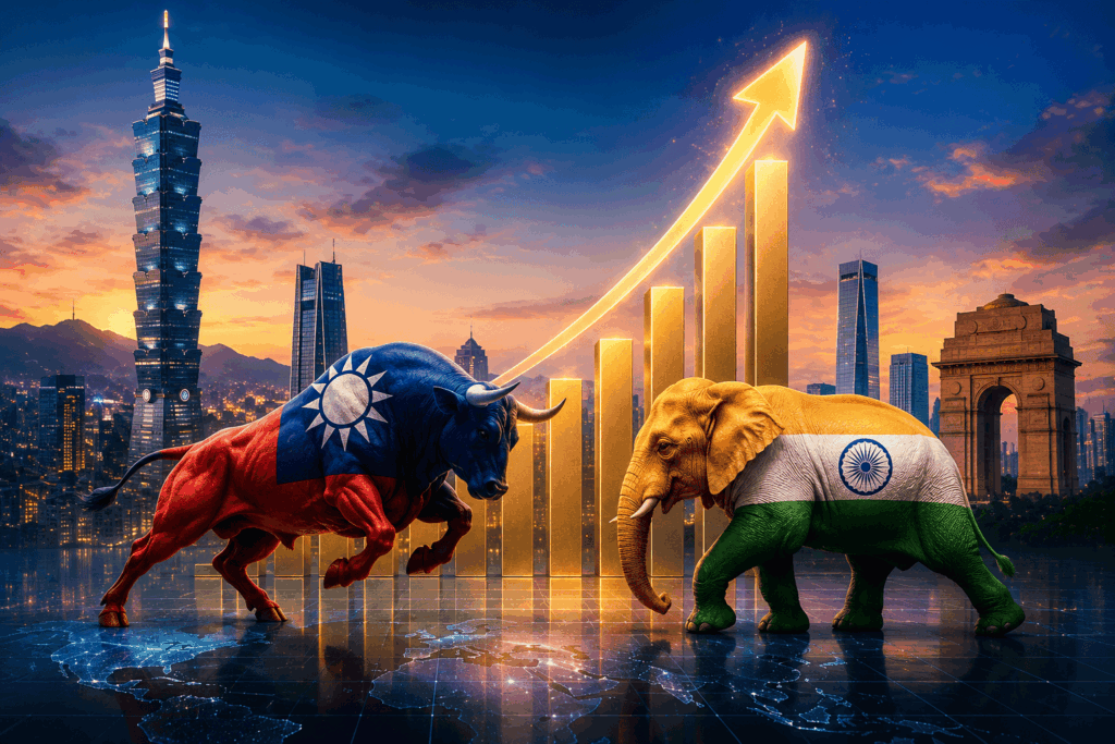 Bull with Taiwan flag and elephant with India's flag confront a glowing upward bar-chart against a city skyline at sunset.