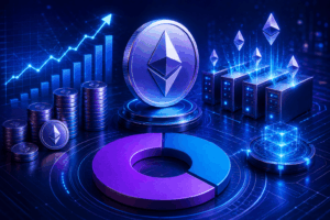 Image May 27 2026 at 03_42_33 PM-2 – QuikNotes Large Ethereum coin on a pedestal with stacked coins, graphs, and servers illustrating crypto mining and data analytics.