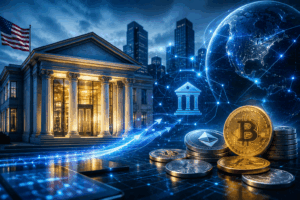 Neoclassical bank exterior at dusk with an American flag, beside a glowing globe and cryptocurrency coins in the foreground.