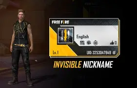 In-game Free Fire character on the left with a profile panel showing English language and a banner that says INVISIBLE NICKNAME.