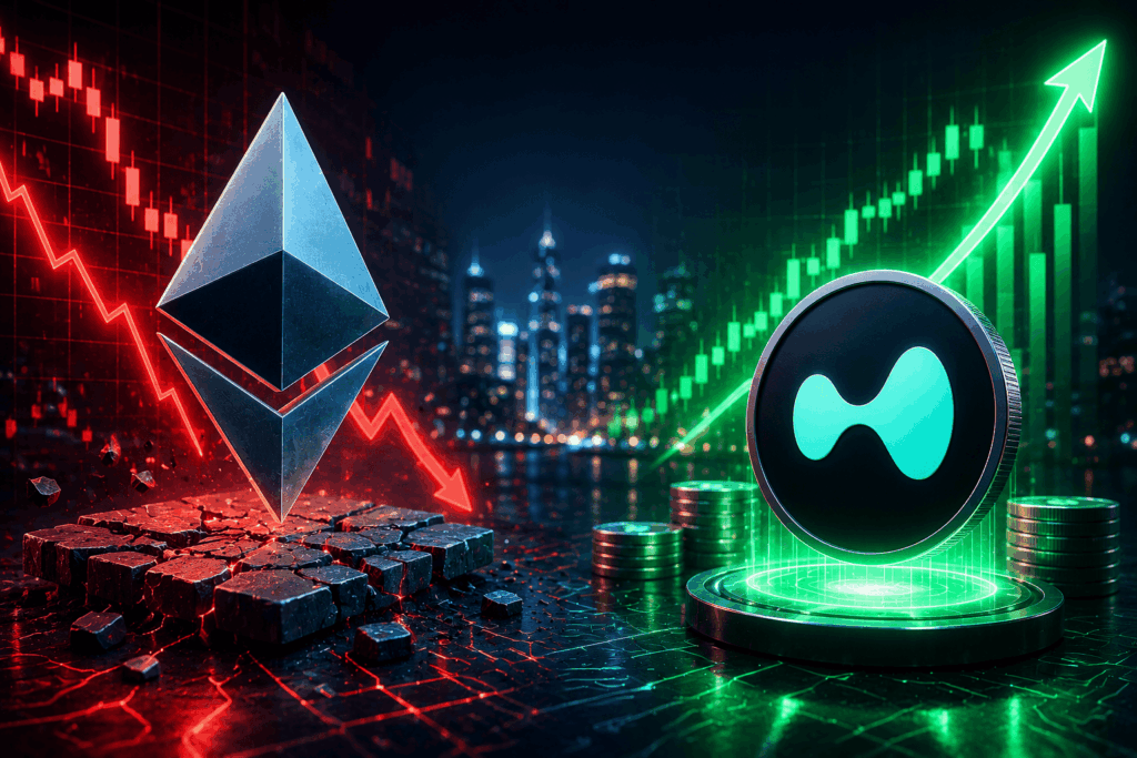 Ethereum and Ripple coins dominate a neon-lit market scene, with red downward and green upward charts in a city backdrop.
