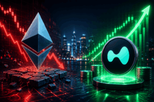 Image Jun 1 2026 at 01_34_42 PM 1 – QuikNotes Ethereum and Ripple coins dominate a neon-lit market scene, with red downward and green upward charts in a city backdrop.