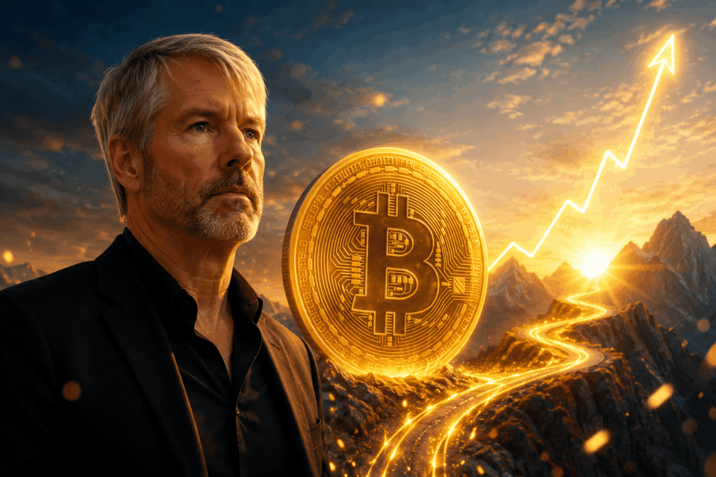 Businessman in a black suit gazes at a glowing Bitcoin coin with a golden upward-trending line over a rocky sunset landscape.
