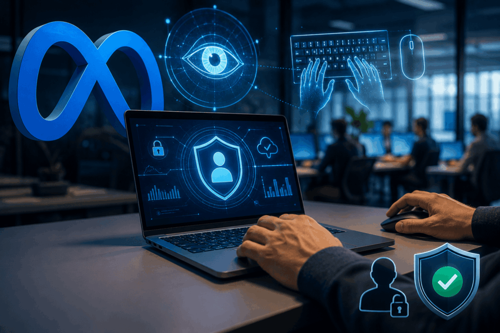 Hacker-style cyber security scene: hands on laptop with shield and security icons on screen, glowing blue holograms in the background.
