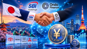 Image Jul 17 2026 at 07_12_40 AM – QuikNotes Two businessmen shake hands; sleeves display SBI Holdings and Ondo Finance logos, with the Japanese flag nearby and a global finance backdrop.