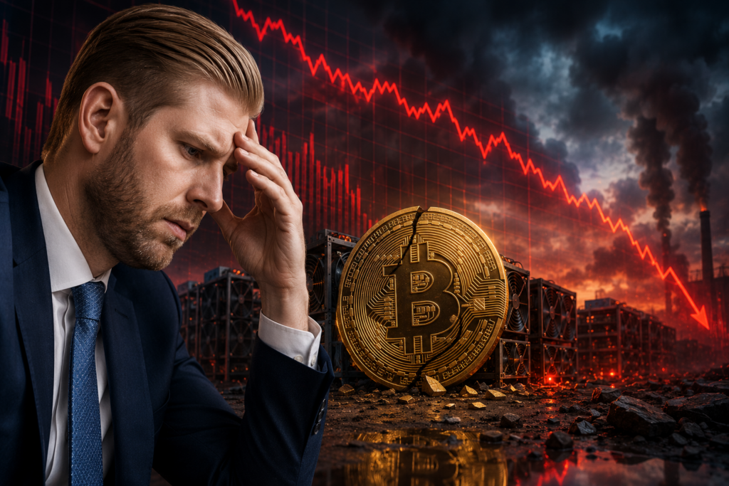 Stressed businessman in a suit with a cracked Bitcoin coin as a red downward market chart looms behind him.