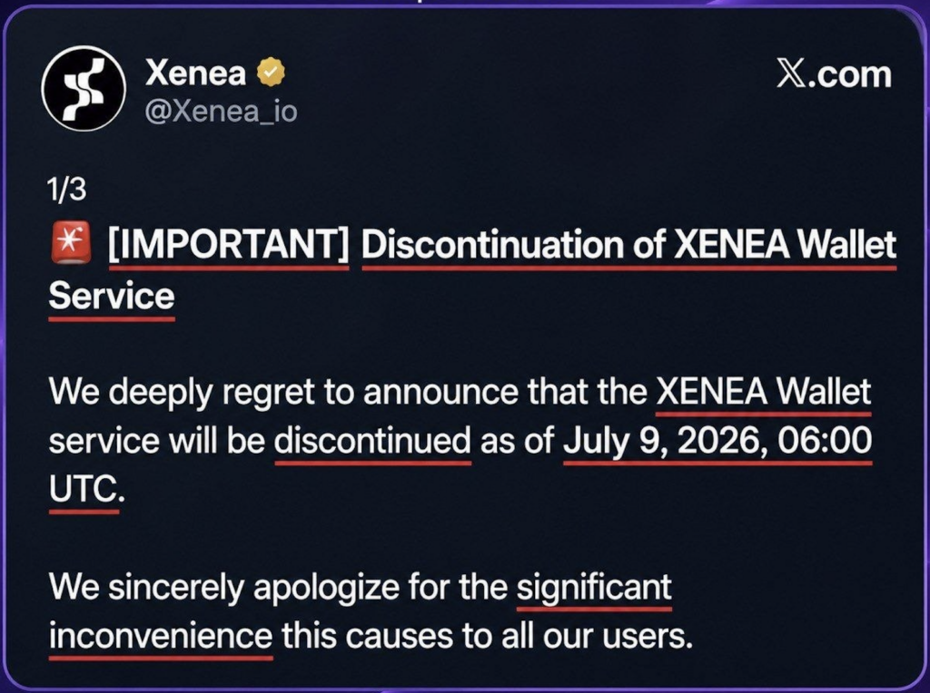 Xenea has officially confirmed that the XENEA Wallet service will be discontinued