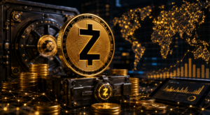 Image Aug 13 2026 at 08_43_58 PM – QuikNotes Large gold coin with a Z symbol resting on a secure vault, surrounded by stacked coins and a glowing digital world map in the background, conveying crypto security and global data.