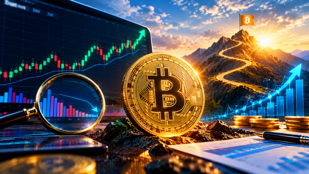 Bitcoin coin on rocky ground with stock charts and rising arrows in the background, signaling crypto market growth at sunset