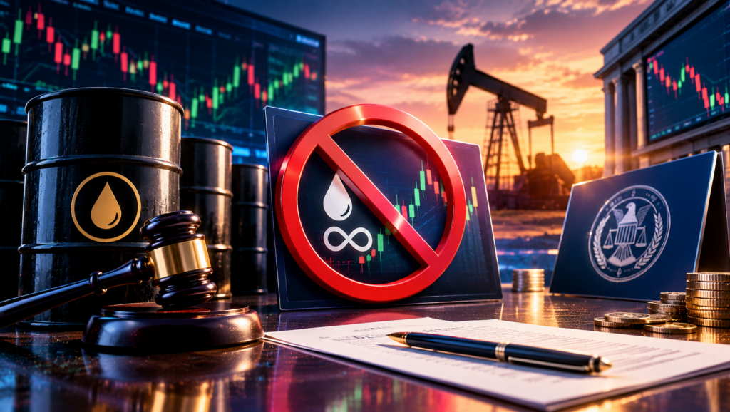 Oil barrels with a red prohibition symbol over a financial chart, a gavel, and documents on a desk at sunset, signaling an oil ban discussion.