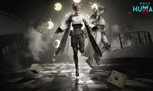 OIF 1 – QuikNotes Two men in trench coats sprint through a smoky, desolate street with glowing orbs of light and scattered crates, conveying a tense, dystopian scene.